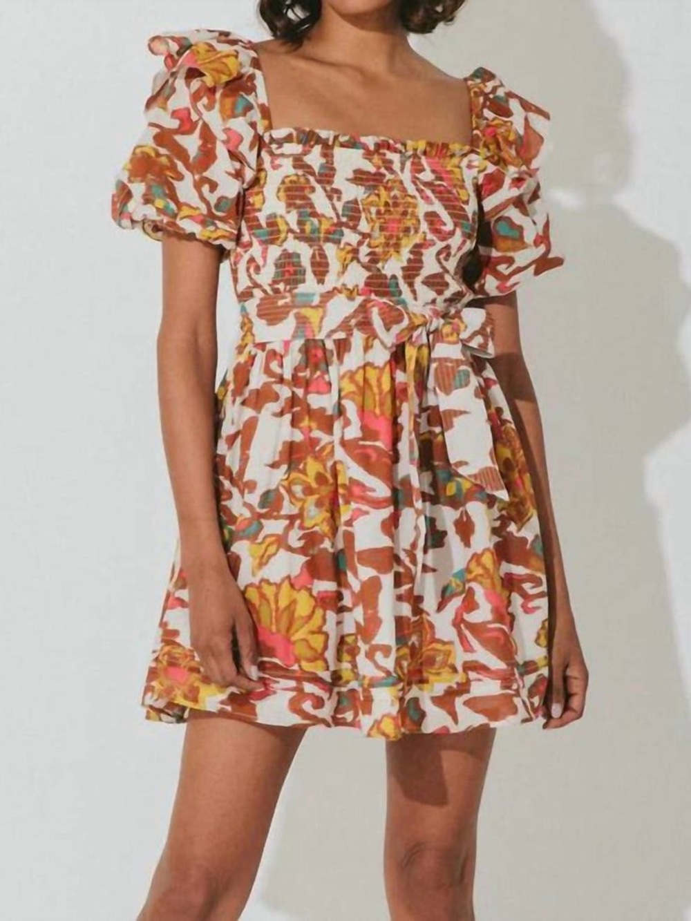 Cleobella Floral Smocked Mini Delphine Mini Dress in Cream, Brown, Yellow